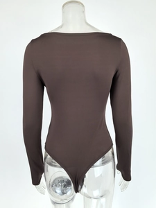Rear view of dark brown long sleeve bodysuit featuring square back and fitted silhouette