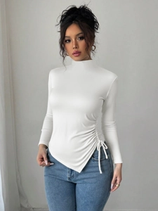 Slim fit white high neck thermal top with side drawstring and irregular hem detail