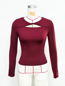 Slim fit burgundy long sleeve t-shirt with front twist knot cutout for women