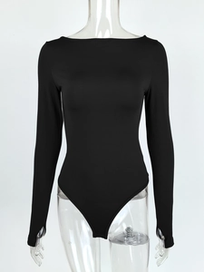 Detail of black long sleeve bodysuit with off-shoulder neckline and thumbhole cuffs