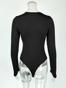Detailed back view of a slim-fit black long sleeve bodysuit with high-cut thong design