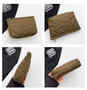 Detailed four-angle view of olive brown quilted floral cosmetic bag with gold zipper