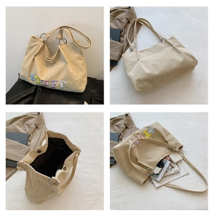 Collage of beige corduroy tote bag showing interior capacity and embroidered details