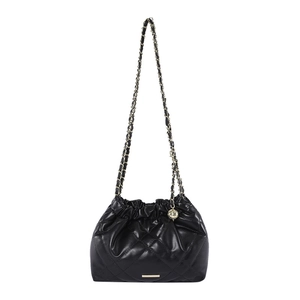 Black quilted rhombic chain bag with gold ball adjustment buckle on white background