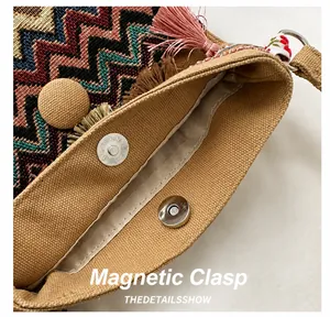 Detail of magnetic snap closure and woven ethnic fabric with fringe tassels