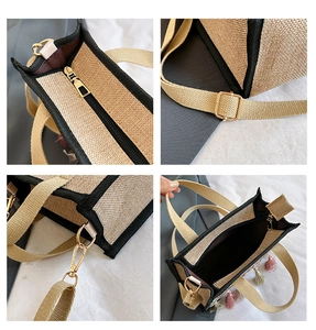 Detailed close-up of zipper, adjustable strap, metal hooks, and colorful tassels on woven bag