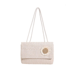 Sac bandoulière en paille beige avec détail de tournesol et bandoulière en corde