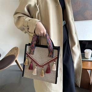 Sac Fourre-tout En Coton Et Lin Bohème Style Ethnique Poignée Tissée Glands Colorés Sac À Main Femmes Vacances