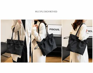Detail showing high-capacity black tote bag with drawstring pocket and detachable strap