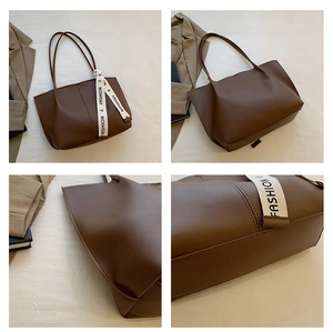 Detailed views of a brown faux leather tote bag showing front, side, and strap accents