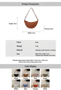 Detailed chart showing nylon crescent bag dimensions, weight, and eight color options