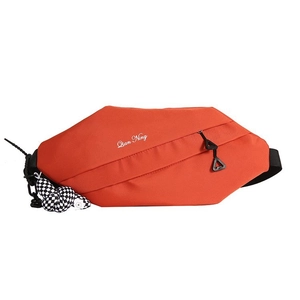 Minimalist bright orange nylon crossbody fanny pack with checkered heart charm