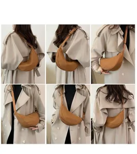 Multi-angle view of a brown crescent crossbody bag on a model wearing a beige trench coat