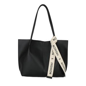 Minimalist black faux leather tote bag with fashion lettered strap for women