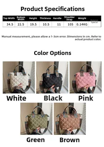 Quilted tote bag size chart and five color variants with bohemian printed strap