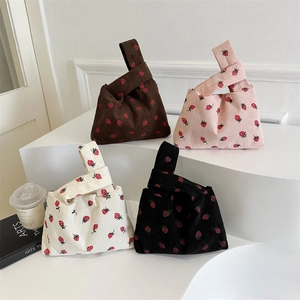 Women's Cute Corduroy Strawberry Print Handbag Small Tote Bag Mini Wrist Bucket Bag Casual Floral Pattern Handheld Purse