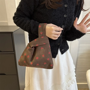 Cute corduroy mini tote bag with red strawberry pattern for women in dark brown finish