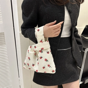 Cute white corduroy tote bag with red strawberry prints and unique single handle strap