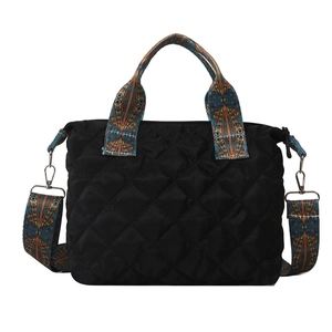 Winter quilted nylon tote bag with black diamond pattern and ethnic colorful strap