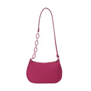 Rose pink hobo shoulder bag with decorative chain strap and top zipper on white background