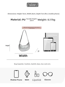 Detailed size specifications for silver PU leather shoulder bag with dimension guide