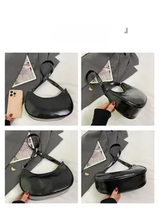 Multi-angle views of a glossy black underarm bag with zipper and slim shoulder strap