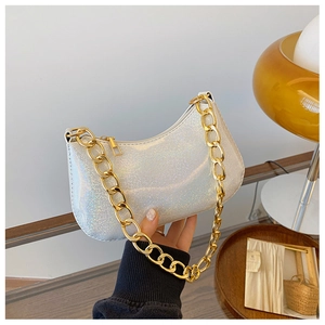 Iridescent silver glitter half-moon shoulder bag with chunky gold chain strap