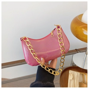 Glittery pink crescent shoulder bag with golden chain strap for women, stylish handbag