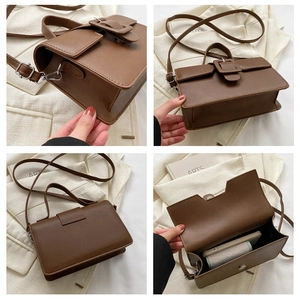Detail view of brown vintage crossbody bag showing four angles and interior storage capacity