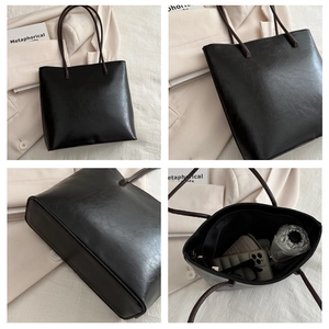 Detailed views of a large black PU leather tote bag showing texture and interior capacity