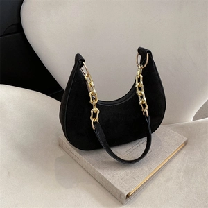 Minimalist black felt hobo bag with vintage gold chain and crescent moon shape
