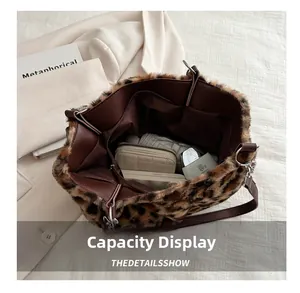Spacious leopard print faux fur tote bag interior showing large storage capacity