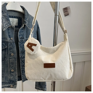 White corduroy crossbody bag with coin purse and brown fashion leather patch