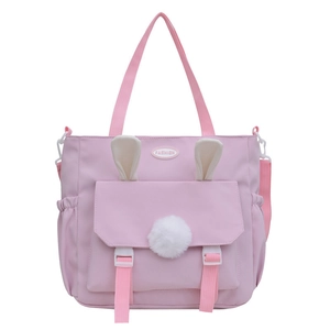 Borsa a tracolla in nylon rosa con graziose orecchie di coniglio e pompon bianco