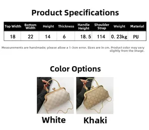 Detalles de tamaño y peso para bolso retro tipo concha en blanco y caqui
