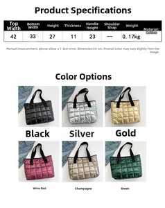 Size chart and color display for quilted cotton tote bags with dimensions and metallic finishes