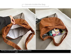 Caramel corduroy crescent bag showing large capacity for phone and umbrella