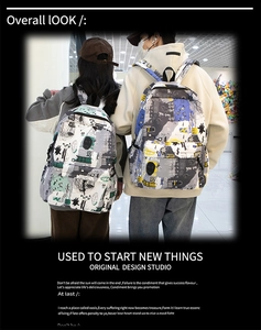 Artistic graffiti print backpack with large capacity and durable waterproof canvas material