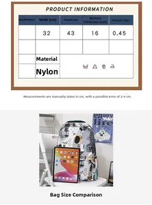Size chart showing nylon backpack dimensions 32x43x16cm with tablet for scale