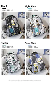 Detailed color display of graffiti backpacks in black, blue, green and gray tones