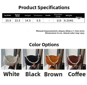 Detailed size chart and multi-color display of PU leather flap bag with pearl strap