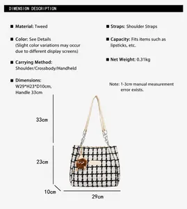 Detaillierte Maße der schwarz-weiß karierten Woll-Tote-Bag mit Maßangaben im Bild
