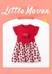 Detailed view of girls' red ladybug print cotton dress with ruffled sleeves for ages 2-7