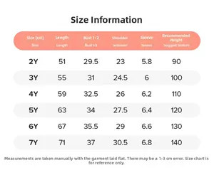 Size chart table for cat mesh girls dress showing measurements for ages 2Y to 7Y