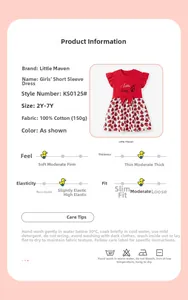 Detail view of girls' red ladybug cotton dress with sizing chart and 100% cotton specs