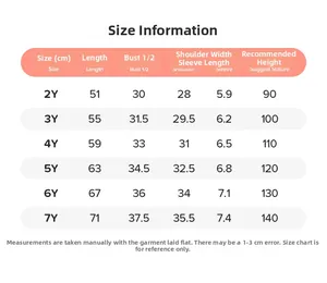 Size chart table for children's summer dresses from age 2Y to 7Y with detailed measurements
