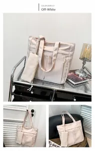 Juego de bolso tote de nailon blanco roto con bolsillos y estuche con cremallera