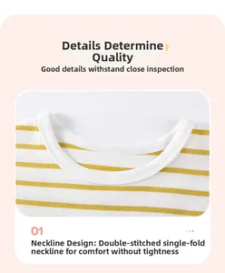 Detail of yellow striped cotton t-shirt showing the double-needle stitched neckline craft