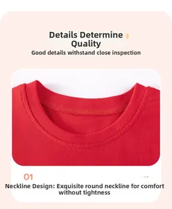 Detail of classic red round neckline with reinforced double-needle stitching on cotton fabric