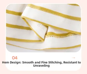 Close-up of yellow and white striped cotton top hem showing fine double-needle stitching